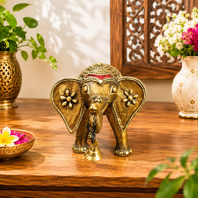 Brass Handcrafted Dhokra Elephant Statue With Bell (5.5 Inch)