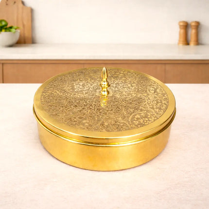 Brass Etched Floral Masala Daani / Spice Box (2.5 Inch)