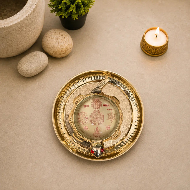 Brass Vastu Glass Shree Yantra Tortoise And Plate With Velvet Box