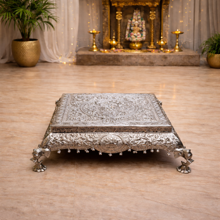 German Silver Handcrafted Chowki with Elephant Leg (7 Inch)