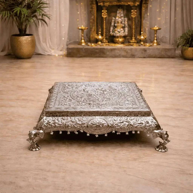 German Silver Handcrafted Chowki with Elephant Leg (7 Inch)