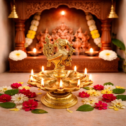 Brass Peacock Eight Petal Diya/Lamp (5.5 Inch)