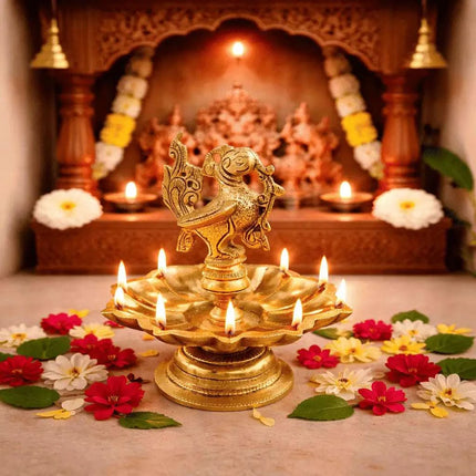 Brass Peacock Eight Petal Diya/Lamp (5.5 Inch)