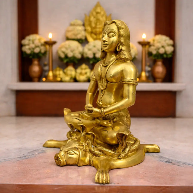 Brass Saint Gorakhnath Statue Sitting On Naag And Lion (14 Inch)