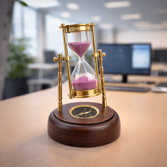 Brass Rotating Sand Clock With Compass And Wooden Stand