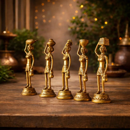 Brass Tribal Lady Statue Decor Set Of Five  (7.5 Inch)