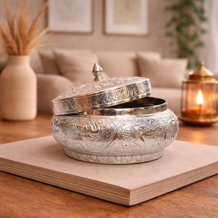 German Silver Storage Container/Supari Box With Lid (3.5 Inch)