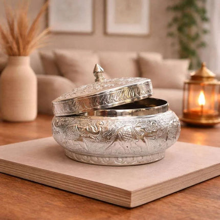 German Silver Storage Container/Supari Box With Lid (3.5 Inch)
