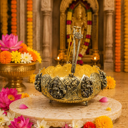 Brass Silver Plated Ashtalakshmi Basket With Handle And Leg (5 Inch)