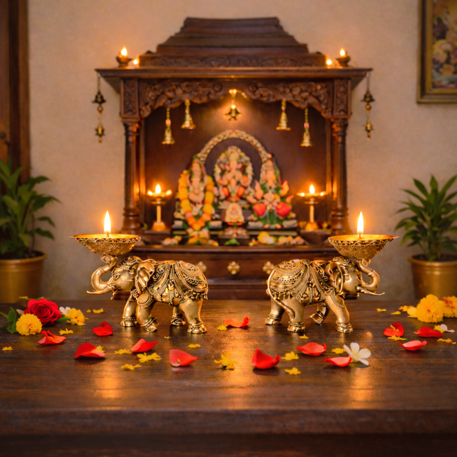 Brass Lightweight Elephant Standing Diya Pair (2.5 Inch)