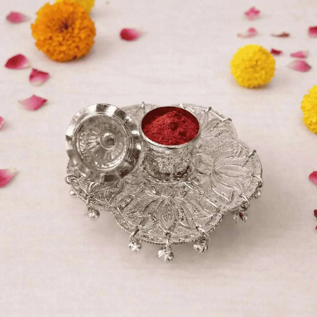 German Silver Kumkum Box With Ghungroo (3.5 Inch)