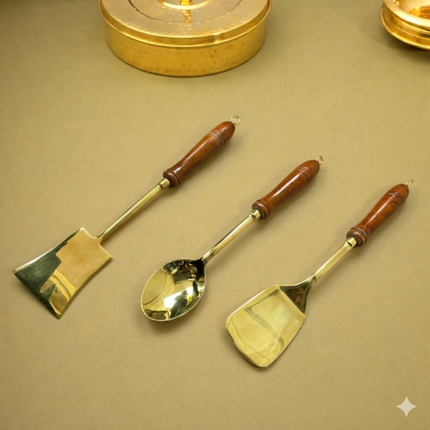 Brass Kitchen Ladles With Wooden Handle Set of Three (14.5 Inch)