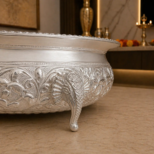 Brass Silver Urli Bowl with Elephant Legs (3.2 Inch)