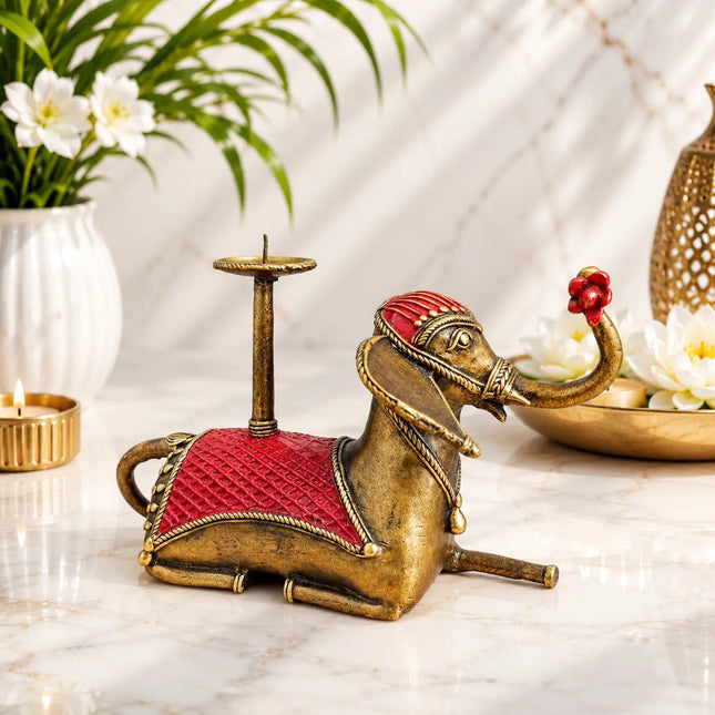Brass Dhokra Sitting Elephant Statue With Candle Holder (5 Inch)