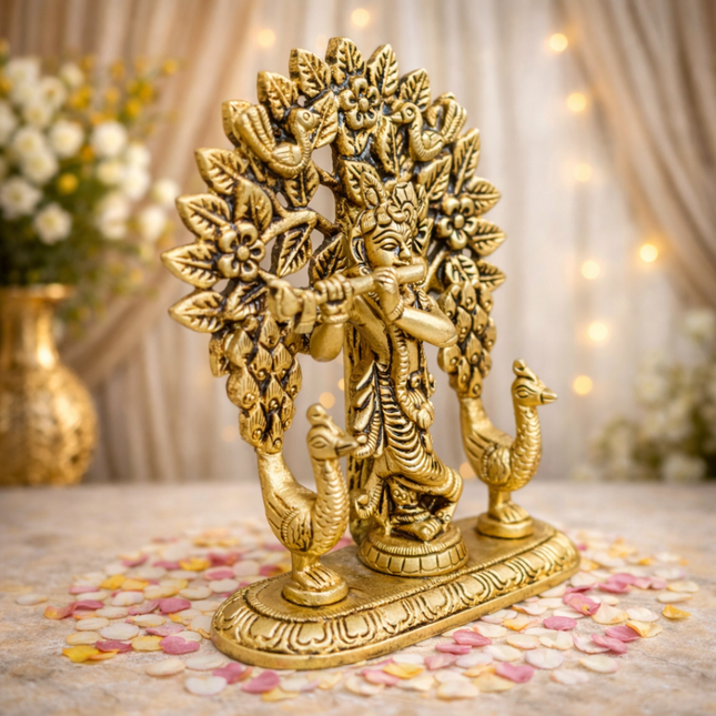Brass Lord Krishna Standing Statue With Tree And Peacock (5 Inch)