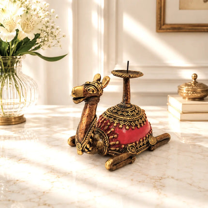 Brass Dhokra Sitting Camel Candle Stand (5 Inch)