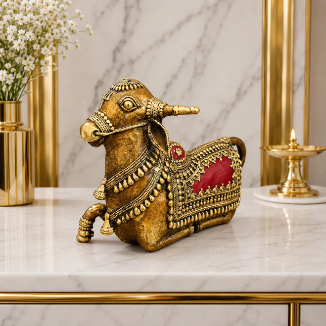 Brass Handcrafted Dhokra Sitting Nandi Idol (5.2 Inch)