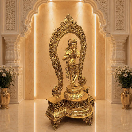 Brass Standing Krishna Idol On Throne / Singhasan (31 Inch)