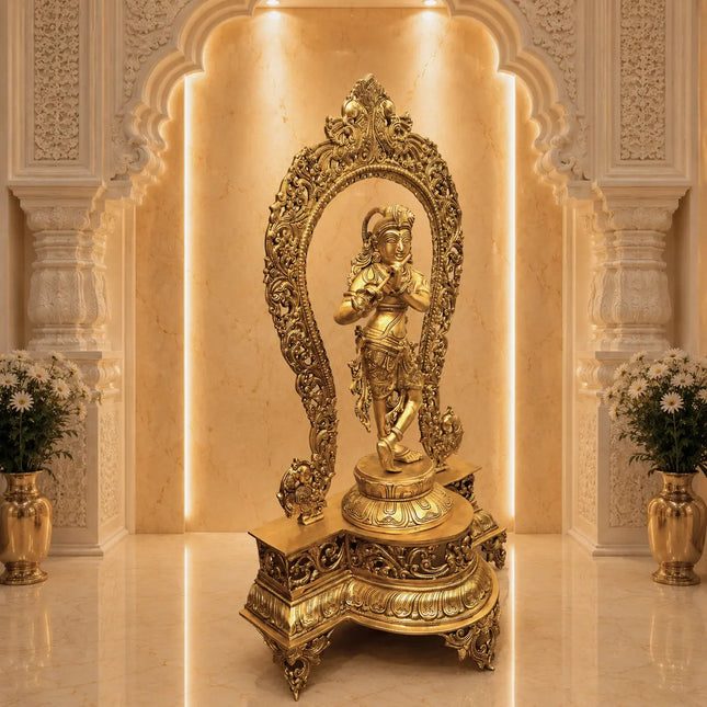 Brass Standing Krishna Idol On Throne / Singhasan (31 Inch)