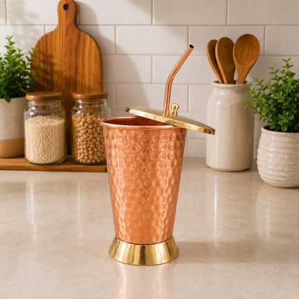 Copper Hammered Glass / Tumbler With Lid And Straw (6 Inch)