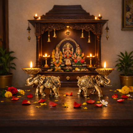 Brass Lightweight Elephant Standing Diya Pair (2.5 Inch)