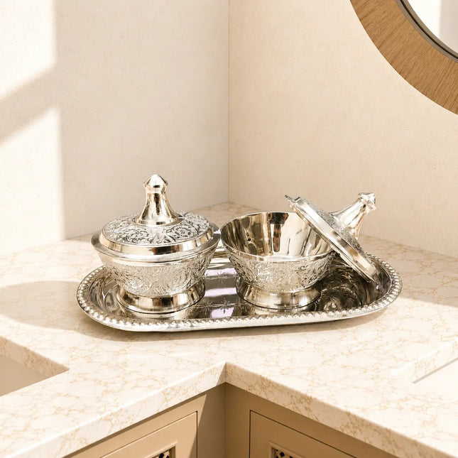 Brass Silver Twin Bowl Set with Lids And Tray (3 Inch)