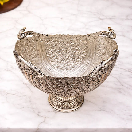 Brass Silver Plated Decorative Basket with Floral Design (10 Inch)