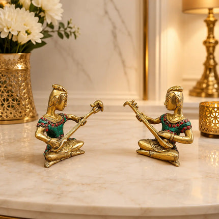 Brass Stone Work Musician Lady Set of 2 (4 Inch)