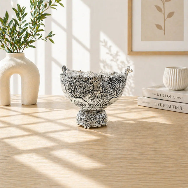 Brass Silver Plated Decorative Basket with Handle (5.5 Inch)