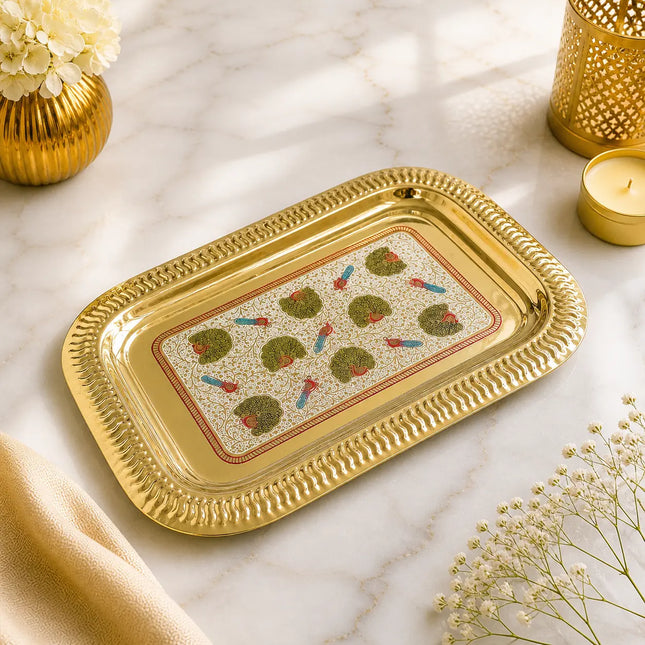 Brass Hand Painted Peacock Serving Tray