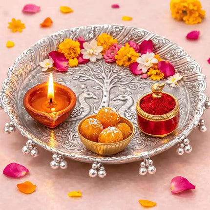 German Silver Pooja Thali With Ghungroo (11 inch)