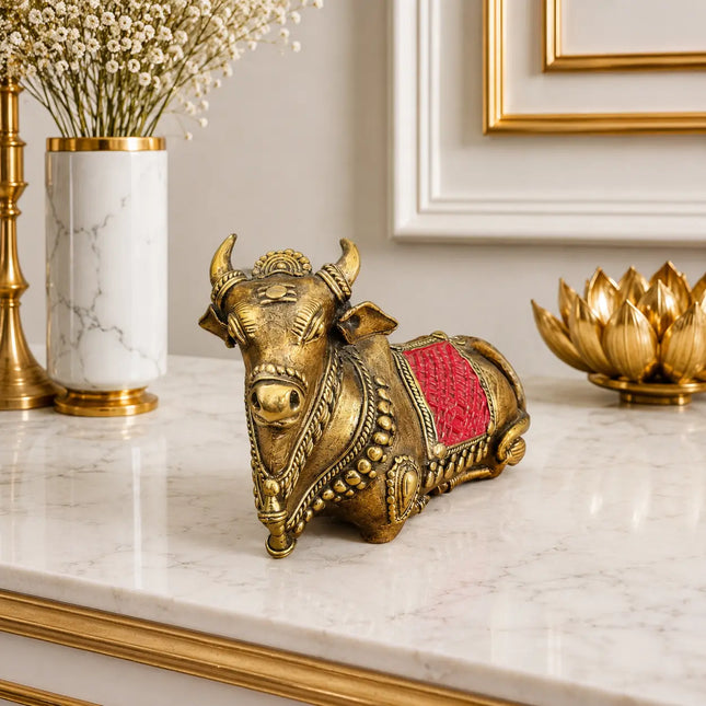 Brass Handcrafted Dhokra Sitting Nandi Idol (3.5 Inch)