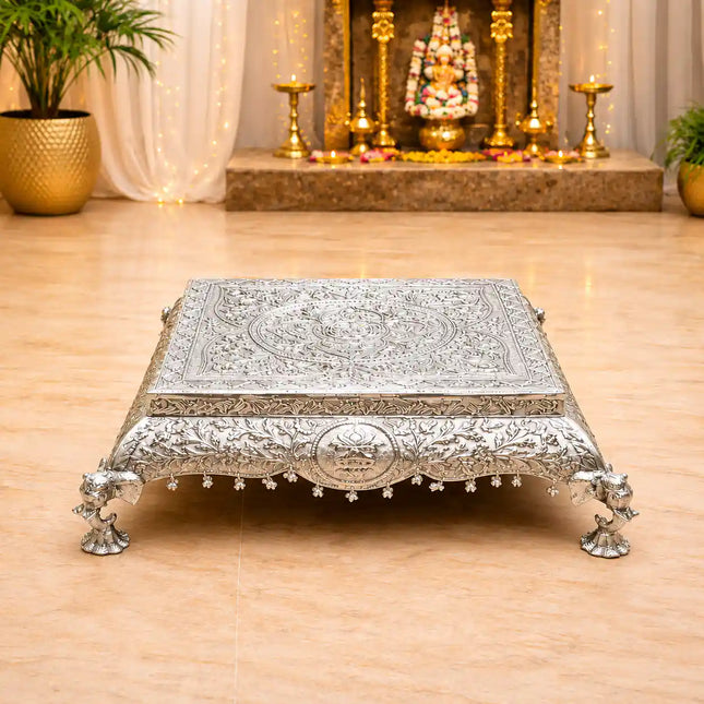 German Silver Handcrafted Chowki with Elephant Leg (7 Inch)