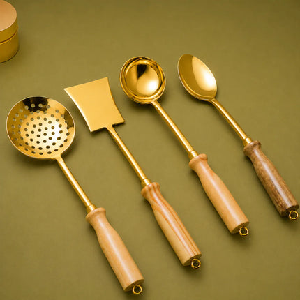 Brass Kitchen Ladles With Wooden Handle Set (14.5 Inch)