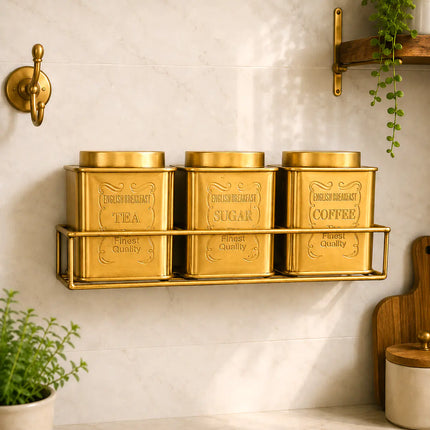 Brass Square Storage Jars / Canister Set With Wall Hanging Stand (Set of 3)