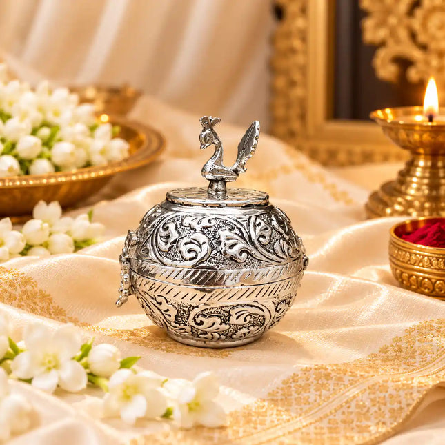 Brass Silver Plated Round Peacock Kumkum Box (3.5 Inch)