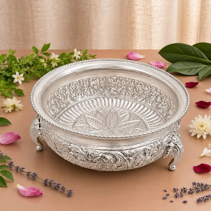 Brass Silver Plated Urli Bowl with Elephant Legs (3.2 Inch)