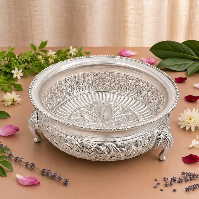 Brass Silver Plated Urli Bowl with Elephant Legs (3.2 Inch)
