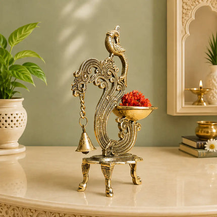 Brass Ethnic Peacock Diya Lamp With Hanging bell
