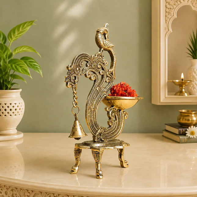 Brass Ethnic Peacock Diya Lamp With Hanging bell
