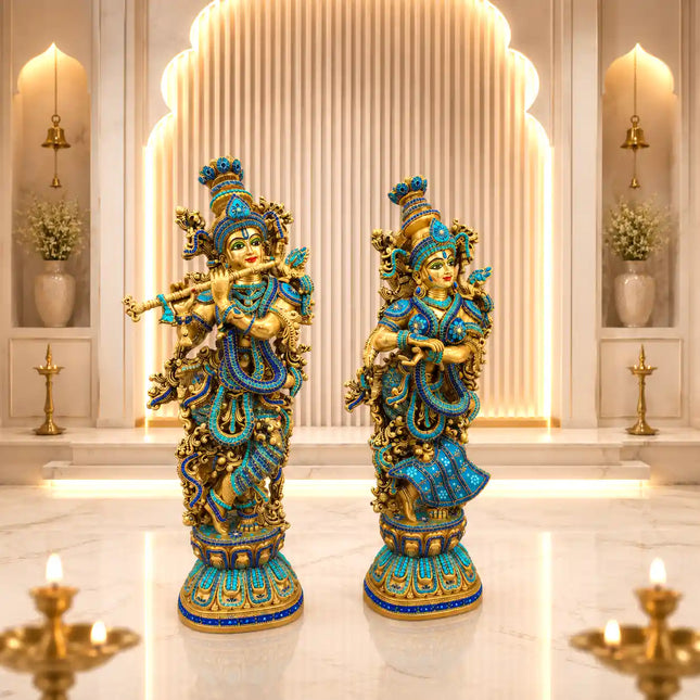 Brass Stone Work Standing Radha Krishna Statue Set (30 Inch)