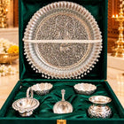 Brass Silver Plated Pooja Thali Set With Velvet Box (1.9 kg)