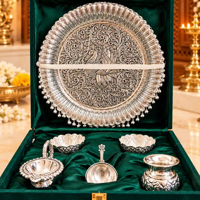 Brass Silver Plated Pooja Thali Set With Velvet Box (1.9 kg)