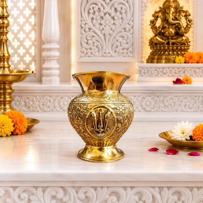 Brass Shankh Chakra Namaha Kodam / Kalash (5 Inch)