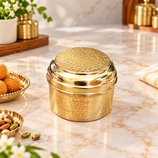 Brass Hammered Ladoo Box With Lid