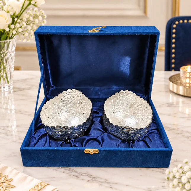 Brass Silver Plated Noka Bowl Set With Velvet Box (3 inch)