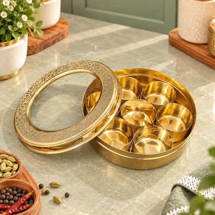 Brass Glass Lid Floral Masala Daani / Spice Box (2.5 Inch)