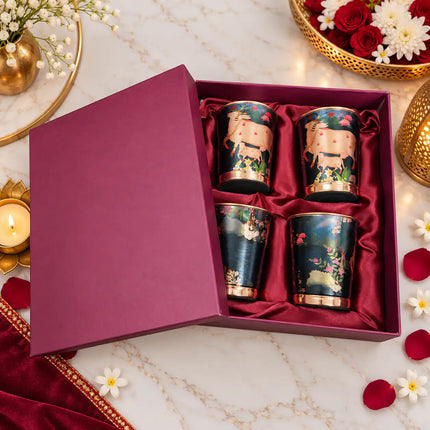 Copper Kalakriti Print Glass Set of Four With Gift Box/Hamper (3.5 Inch)