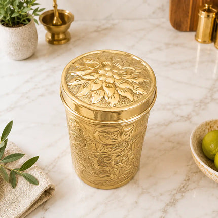 Brass Flower Design Container / Storage Box With Lid