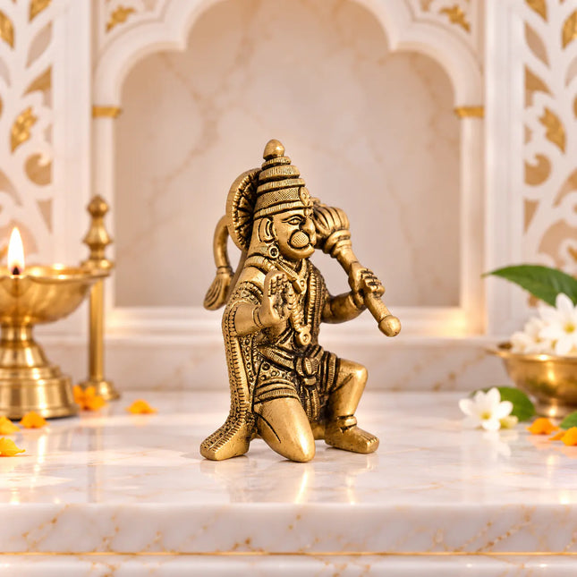 Brass Blessing Sitting Hanuman Idol (3.2 Inch)
